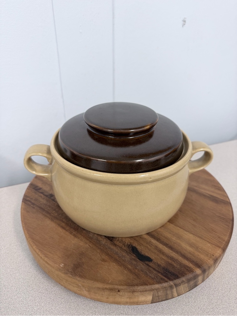 Two-Tone Ceramic Casserole with Brown Lid and Beige Body
